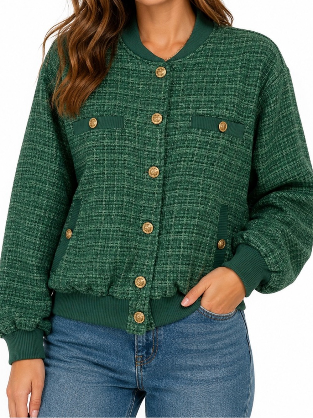 Strut & Bolt Green Tweed Bomber Jacket with Gold Crest Buttons Size Medium